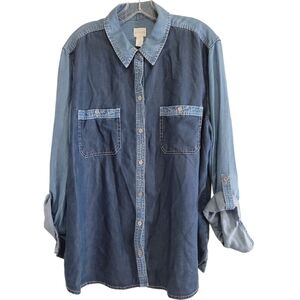 Chico's 2-tone Chambray Button Up Shirt Tencel Lyocell 3 16-18
